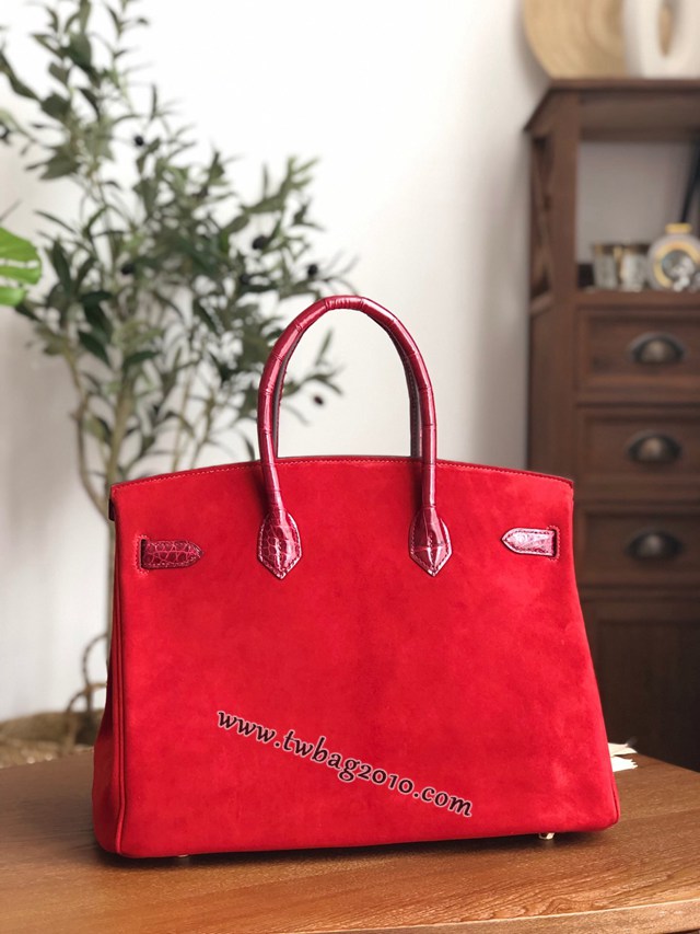 Hermes女包 愛馬仕經典款brikin包 手工蠟線縫製 鱷魚皮拼麂皮 金扣 Hermes拼色手提女包  am2052